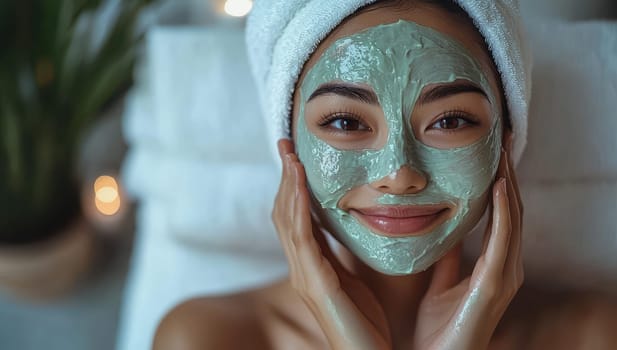 Beautiful woman applying clay mud mask on face. Concept of skincare, self care, and beauty treatment.