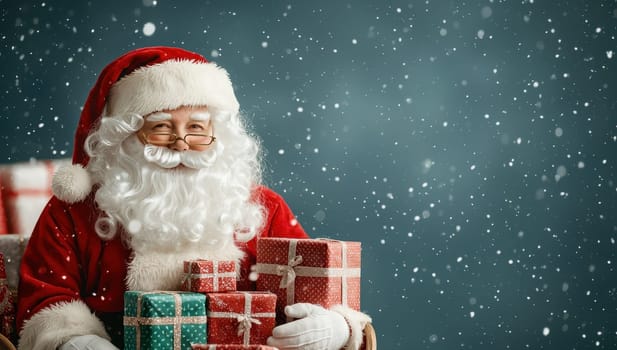 Festive Cheer, Jolly Man with Gifts and Falling Snow, Concept of Holiday Spirit