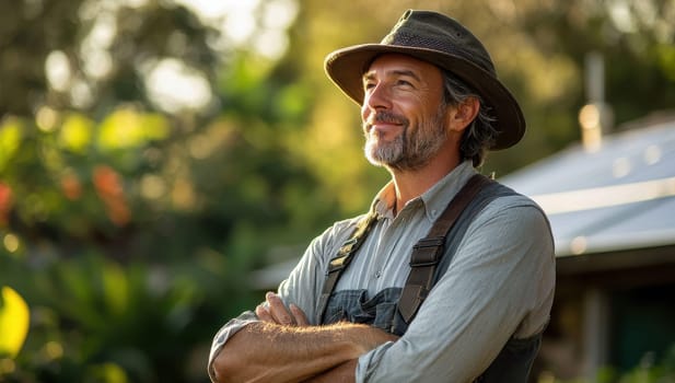 Mature man with beard and cowboy hat standing outdoors in nature