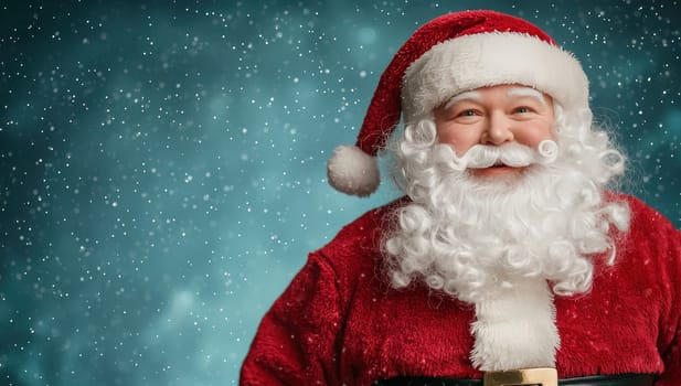 Smiling Santa Claus portrait in snowy winter scene. Concept of Christmas, holiday, and festive celebration.