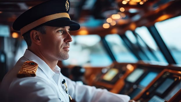 Confident Ship Captain Navigating Vessel From Bridge, Leadership, Maritime Industry