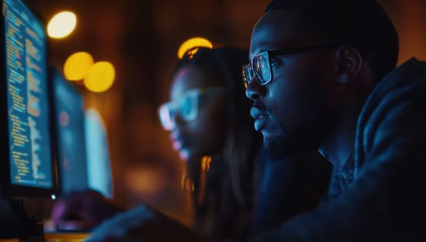 Two people working together on a computer in a dimly lit office environment. Concept of collaboration, teamwork, and technology.