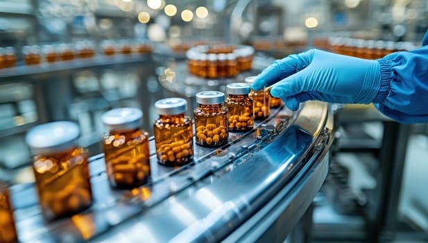 Pharmaceutical production line with glass bottles of medicine
