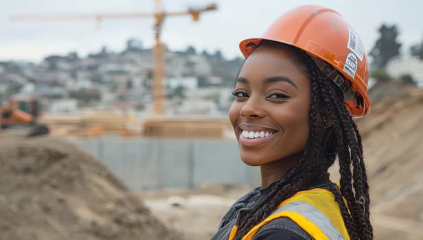 Confident Female Construction Engineer Smiling on Building Site.
