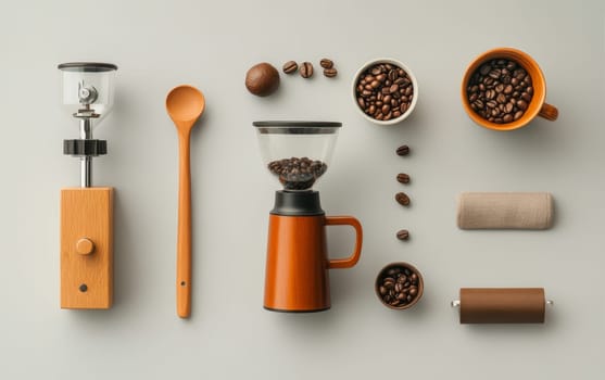 Comprehensive set of coffee brewing equipment including grinder, pour over maker, and freshly roasted beans, showcasing the art of manual coffee preparation.