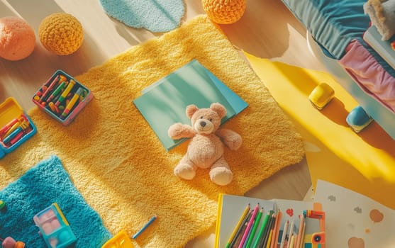Vibrant children's playroom featuring a plush teddy bear, colorful toys, and art supplies on a sunny yellow carpet, inspiring creativity and playtime.