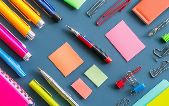 Vibrant stationery items including pens, sticky notes, and paper clips arranged on bright blue background, perfect for back to school or office organization concepts.