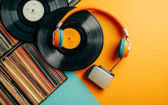 Nostalgic vinyl records with vibrant modern headphones on colorful background, bridging retro and contemporary music listening experiences.