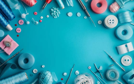 Various sewing items including colorful threads, buttons, and needles arranged on vibrant turquoise background, perfect for crafting and DIY projects with ample copy space.
