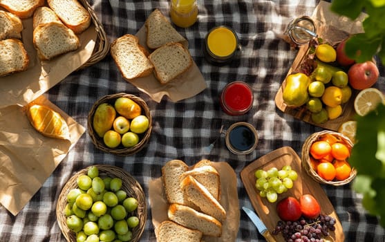 Delightful outdoor feast featuring fresh bread, fruits, and colorful beverages on a classic checkered blanket, perfect for summer gatherings.