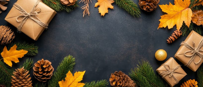 Festive frame of autumn leaves, pine cones, gift boxes, and decorations on dark background, perfect for seasonal greetings or announcements.