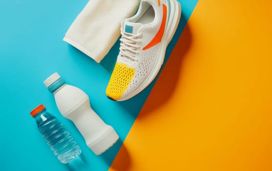White running shoe with vibrant yellow and orange accents alongside water bottles and towel on dual colored blue and orange background, representing sports and healthy living.