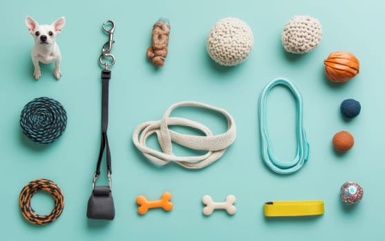 Vibrant assortment of dog toys, leash, collar, and treats on teal background, featuring a cute Chihuahua puppy, perfect for pet care and playtime.