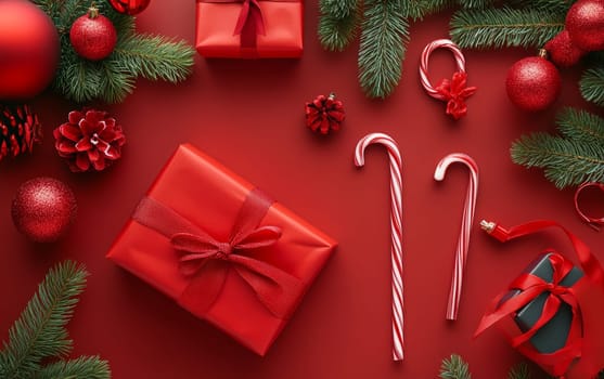 Traditional red and green Christmas decorations including wrapped gifts, ornaments, pine branches, and candy canes arranged on a vibrant red background.