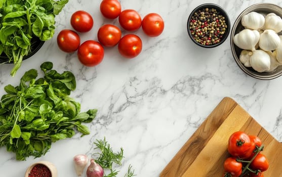 Assortment of fresh cooking ingredients including tomatoes, basil, garlic, and peppercorns on white marble countertop, perfect for Italian cuisine preparation.