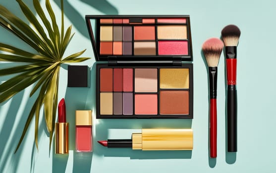 Luxurious makeup set featuring eyeshadow palette, lipstick, and brushes with tropical leaf shadow, showcasing vibrant colors for beauty and cosmetics industry.