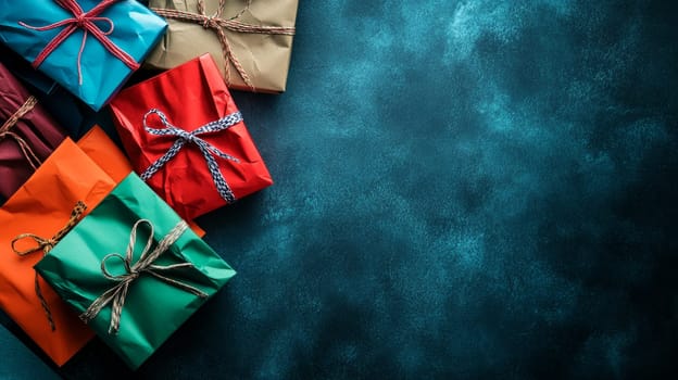 A collection of wrapped gift boxes in vibrant colors with copy space on a textured background.