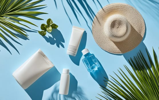 Tropical vacation flatlay featuring sunscreen bottles, straw hat, and palm leaves on bright blue background, showcasing sun protection and beach relaxation.
