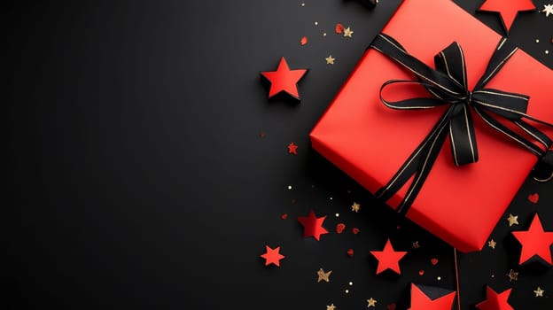 Festive red gift box with black ribbon on dark background, surrounded by red stars and golden confetti, creating an elegant holiday atmosphere.