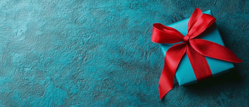 Elegant turquoise gift box adorned with a vibrant red ribbon bow, set against a textured teal background with ample copy space.