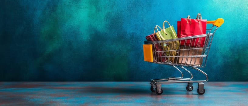A shopping cart filled with colorful paper bags against a vibrant blue background, offering ample copy space for text.