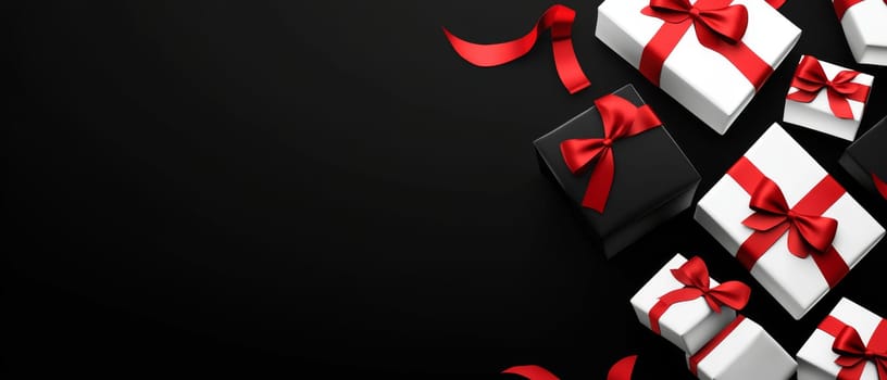 Sleek black and white gift boxes with red ribbons on a black background, ideal for elegant celebrations.