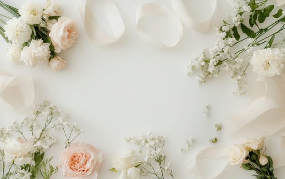 Romantic composition of white roses, peonies, and baby's breath on pale background, creating an elegant and soft wedding inspired setting.
