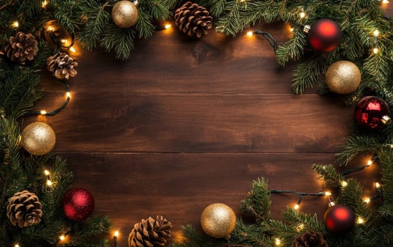 Rustic wooden background framed with pine branches, ornaments, and twinkling lights, creating a warm holiday atmosphere with copy space.