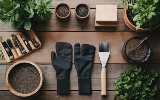 Organic microgreens, seeds, and gardening tools arranged on rustic wooden surface, showcasing sustainable home gardening and healthy eating concept.