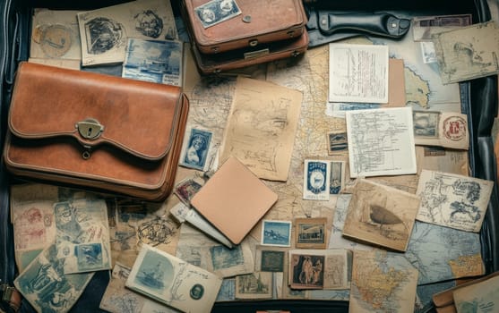 Nostalgic arrangement of old postcards, stamps, maps, and leather suitcases on aged background, evoking memories of past journeys and adventures.