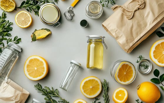 Fresh lemons, glass jars, and herbs arranged with paper bags on light background, showcasing ingredients for making natural lemonade or preserves.
