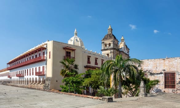 Beautiful building in historic city Cartagena de Indias with beautiful colonial architecture. The one of most beautiful town in Caribbean Coast Region, Colombia.