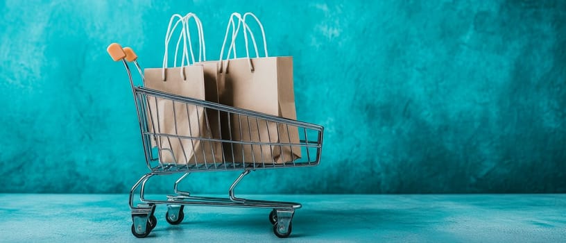 Miniature shopping cart with brown paper bags inside, placed on vibrant turquoise background, online shopping and e-commerce concept with copy space.