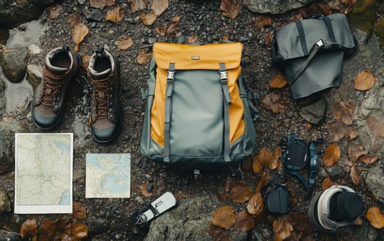 Hiking equipment including boots, backpack, and maps arranged on rocky ground with fall leaves, ready for outdoor adventure and exploration.