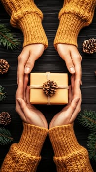 Female hands in cozy knit sweater holding golden gift box with pinecone decoration, surrounded by pine branches and cones on dark wooden background.