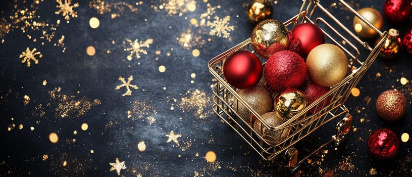 Miniature gold shopping cart filled with red and gold Christmas ball ornaments on dark background with glittery snowflakes, holiday shopping concept.