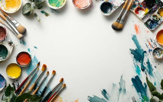 Vibrant array of painting supplies including brushes, paints, and palette surrounding blank white space, perfect for creative projects or art classes.