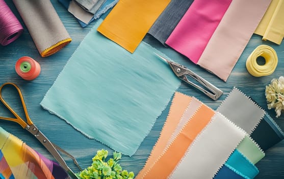Vibrant array of fabric samples, threads, and sewing accessories on blue wooden background, showcasing textile variety and craftsmanship tools.