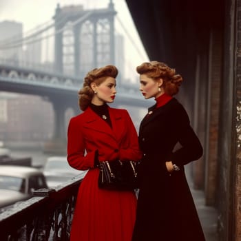 Photographs of women styled in the 1940s-50s taken on the streets of American cities. AI generative.