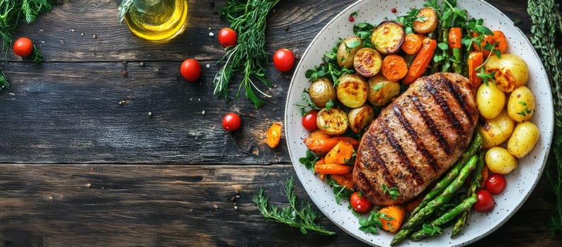 cooked duck breast, accompanied by a variety of caramelized vegetables. AI generative.