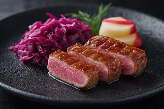 Duck fillet,red cabbage and apple mousse. AI generative.