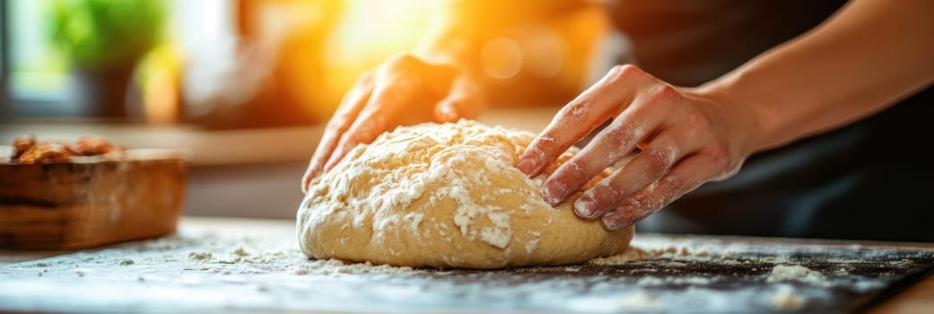 The hands knead the dough on a floured surface and prepare homemade bread in a cozy kitchen environment. AI generative.