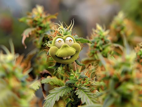 cannibis buds with a happy realistic face on a cannibis plant . AI generative.