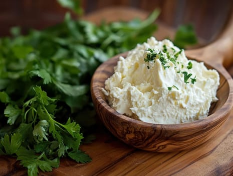 A fresh serving of young kajmak (traditional Balkan cream cheese)  AI generative.
