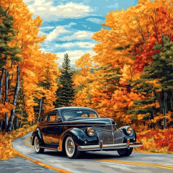 classic car on road with autumn landscape . AI generative.