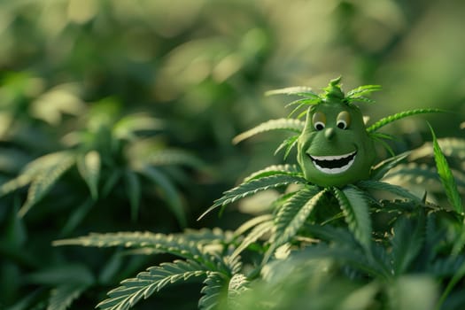 cannibis buds with a happy realistic face on a cannibis plant . AI generative.