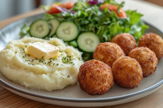 fried meatballs served with creamy mashed potatoes and a fresh green salad. AI generative.