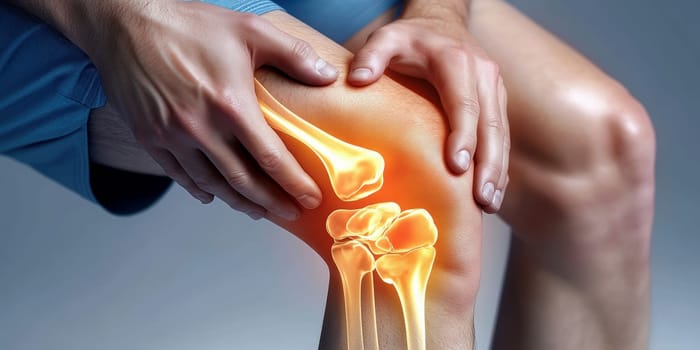 Digital composite of highlighted knee of a man with knee pain. AI generative.
