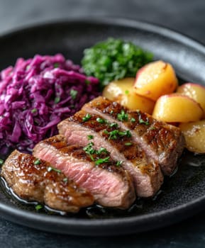 Duck fillet,red cabbage and apple mousse. AI generative.
