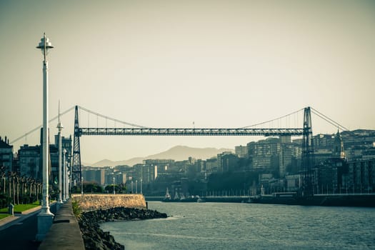 The Bizkaia suspension transporter bridge (Puente de Vizcaya) in Portugalete, Spain. The Bridge crossing the mouth of the Nervion River.